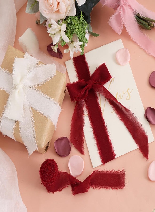 TONIFUL 4 Rolls Silk Chiffon Ribbon, 1-1/2 Inch x 22yds Dark Red Claret Chiffon Ribbons, Handmade Fringe Silk Ribbon for Gift Wrapping Bridal Bouquets Wedding Invitations Valentine Day Decoration - Image 5